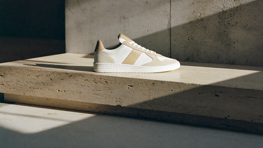 Sneaker jos din suede alb-os cu aplicații din piele nisip, așezat singur pe un soclu scund de travertin, în lumina caldă de după-amiază a unei galerii din beton.